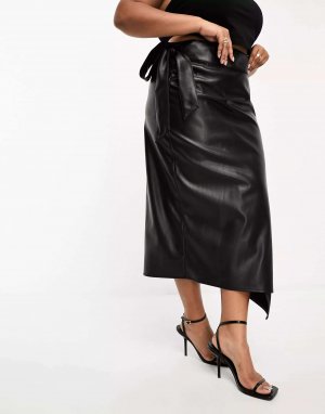 Черная юбка миди из искусственной кожи с запахом Never Fully Dressed Plus