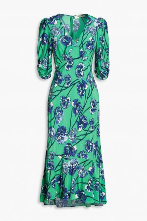 Атласное платье миди Tati со сборками и цветочным принтом DIANE VON FURSTENBERG, зеленый Furstenberg