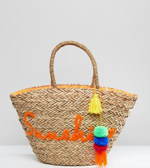 Пляжная соломенная сумка с вышивкой Sunshine South Beach. Цвет: мульти