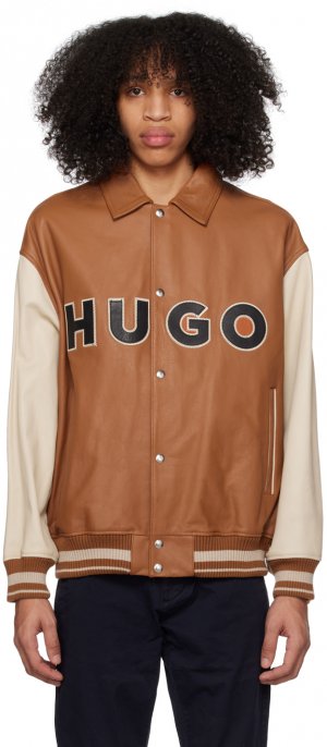 Оранжево-бежевая университетская кожаная куртка с цветными блоками Hugo