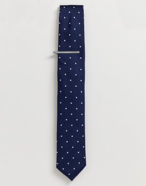 Темно-синий галстук в горошек с зажимом Burton Menswear