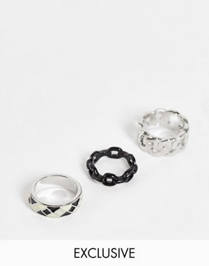 Набор из 3 серебристых колец с дизайном в виде цепочки и рисунком «арлекин» Inspired-Серебристый Reclaimed Vintage