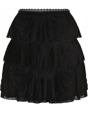 Кружевная мини-юбка в складку с оборками Alice + Olivia. Цвет: черный