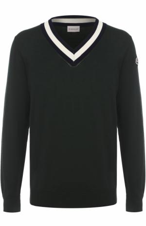 Хлопковый пуловер с контрастной отделкой Moncler. Цвет: зеленый