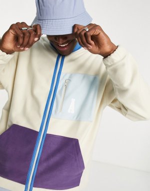 Флисовая oversized-олимпийка цвета экрю на молнии с карманами и воротником в стиле колор блок -Белый ASOS Actual