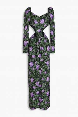 Платье макси из льна и жаккарда с вырезом завязанным цветочным принтом, зеленый лес Agua by Bendita