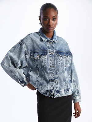 Простая женская джинсовая куртка большого размера с длинным рукавом и воротником-рубашкой , среднее индиго родео LCW Jeans