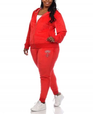 Велюровый спортивный костюм больших размеров со стразами, комплект из 2 предметов , красный White Mark