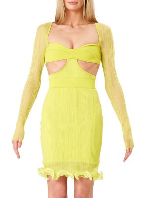 Мини-платье-футляр с прозрачным вырезом Herve Leger, цвет Chartreuse Hervé Léger