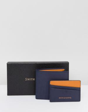 Набор из кожаных бумажника и визитницы Smith And Canova. Цвет: темно-синий