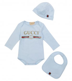 Комплект из хлопкового боди, шапочки и нагрудника с логотипом baby , синий Gucci
