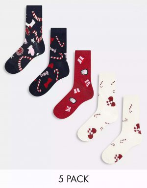 5 пар носков с рождественским принтом темно-синего, красного и бежевого цвета Monki