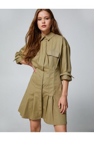 Платье-рубашка Габардин Плиссированная ткань с длинными рукавами и карманами Хлопок, хаки Koton