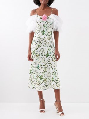 Шелковое платье с принтом и оборками цветочной аппликацией, белый Rodarte