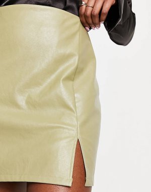 Зеленая кожаная мини-юбка с разрезом по бокам Missyempire