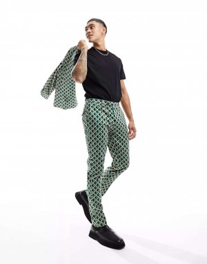 Зеленые костюмные брюки с винтажным геометрическим принтом Twisted Tailor. Цвет: зеленый