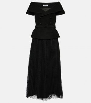 Плиссированное платье миди с открытыми плечами , черный Self-Portrait