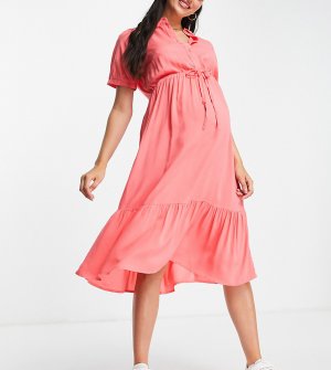 Розовое платье-рубашка с присборенной юбкой и завязкой над животом Mamalicious Maternity-Розовый цвет Mama.licious