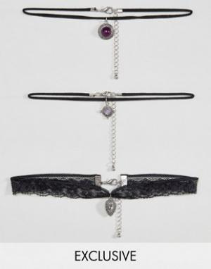 Набор ожерелий-чокер с камнями Inspired Reclaimed Vintage. Цвет: черный