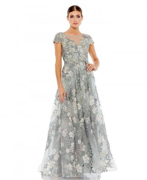 Женское платье с короткими рукавами и цветочной вышивкой , синий Mac Duggal