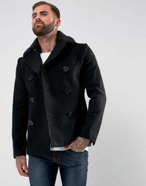 Шерстяное черное пальто со съемным воротником из искусственного меха S Schott. Цвет: черный