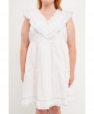 Женское мини-платье больших размеров с контрастной вышивкой и оборками , белый English Factory