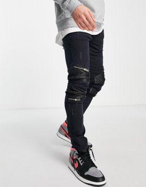 Черные джинсы со рваной отделкой и вставками из искусственной кожи на коленях -Черный Sixth June