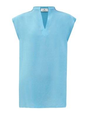 Шелковая блуза удлиненного кроя с V-образным вырезом ETRO. Цвет: голубой