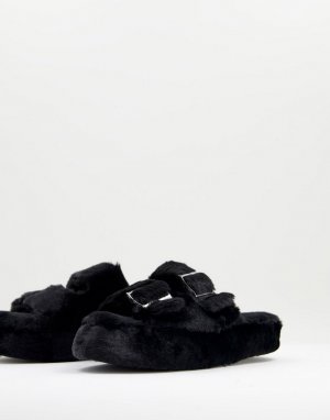 Пушистые черные слиперы-шлепанцы с двумя ремешками пряжками -Черный цвет New Look
