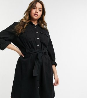 Черное джинсовое платье-рубашка с поясом New Look Curve-Черный Plus