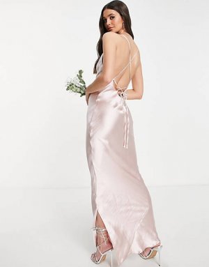 Блестящее атласное платье макси на бретелях ASOS DESIGN Tall Bridesmaid с румяной шнуровкой спине