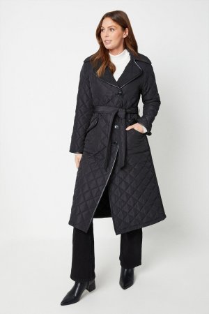 Длинное стеганое пальто с поясом и контрастной отделкой из полиуретана , черный Wallis