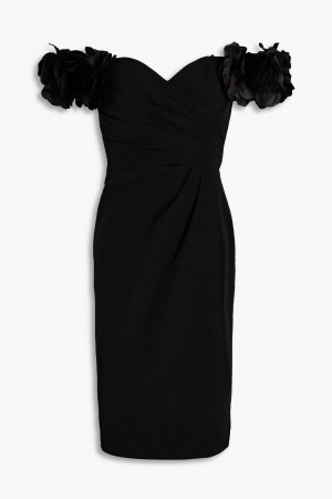 Креповое платье с открытыми плечами и цветочной аппликацией MARCHESA NOTTE, черный Notte