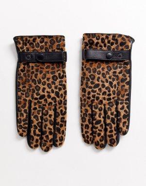 Черные кожаные перчатки с леопардовым принтом и искусственным мехом -Черный ASOS DESIGN