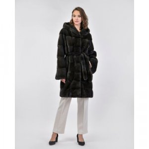 Пальто , норка, силуэт прямой, капюшон, пояс/ремень, размер 36, коричневый Manakas Frankfurt. Цвет: коричневый