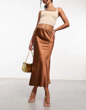 Атласная юбка-комбинация миди шоколадного цвета In The Style