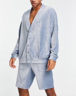 Велюровый пижамный комплект серого цвета в рубчик из кардигана и джоггеров -Серый ASOS DESIGN