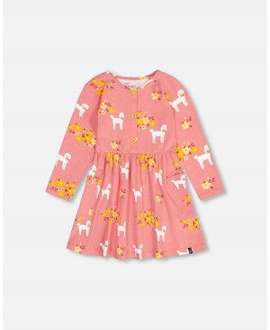 Платье из органического трикотажа для девочек с карманами принтом  Розовый пудель - детское Deux par